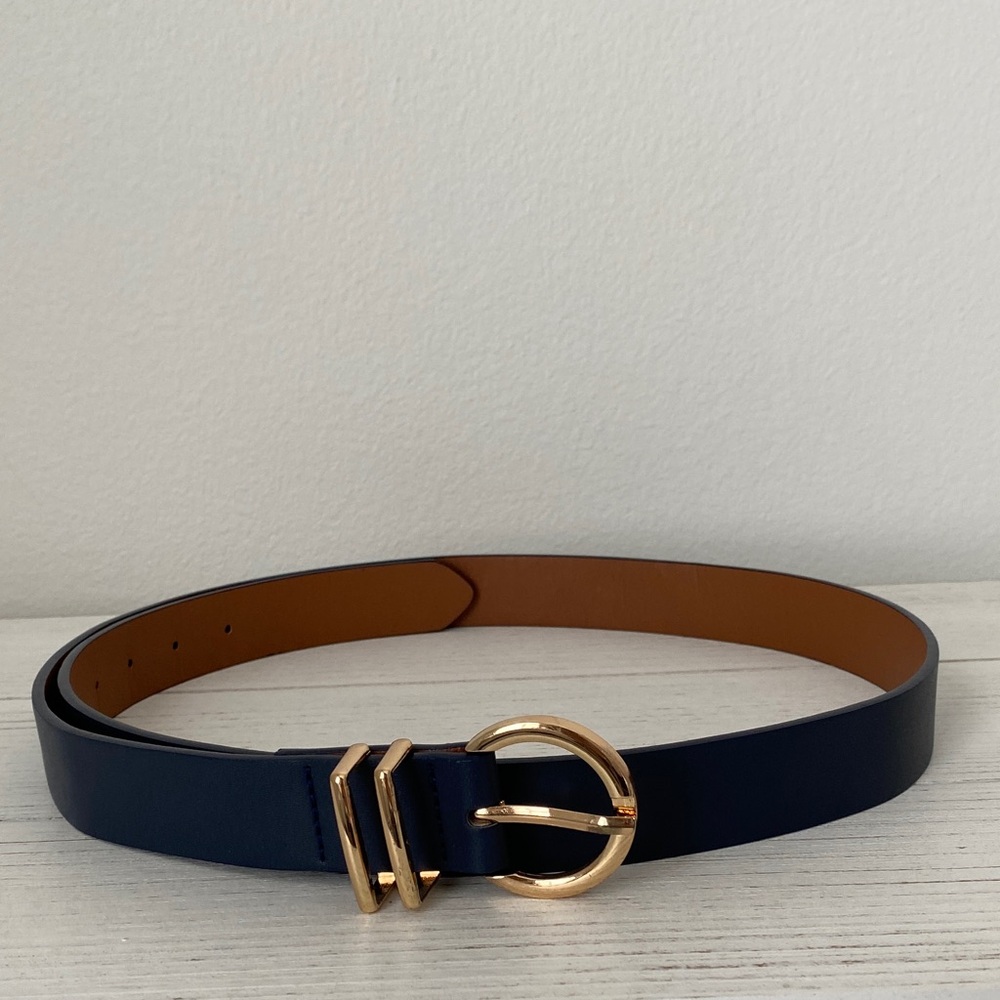 Elegant Navy Blue Belt with Gold Buckle
